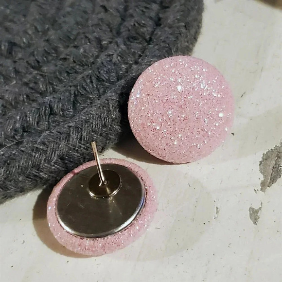 Retro 80s Club Glam Disco Sparkly Light Pink Fabric Button Earrings - Picture 2 of 9